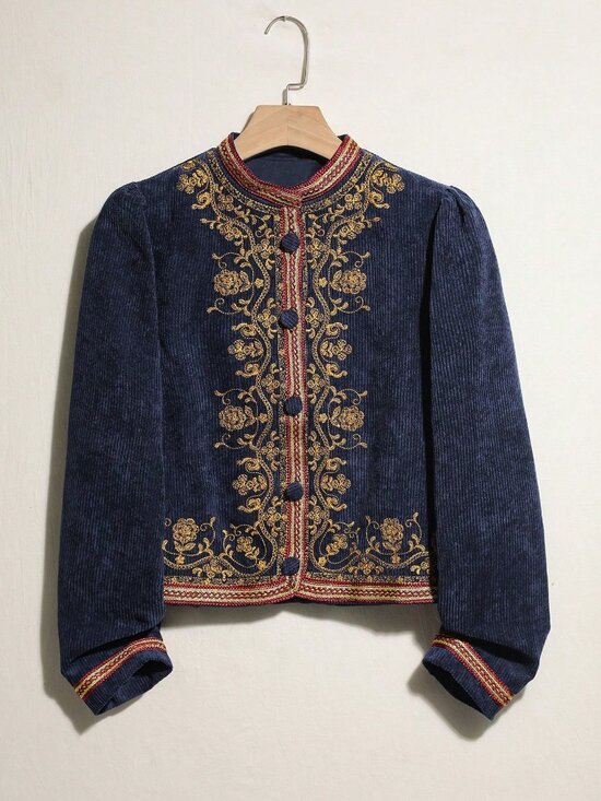 Jackets & Blazers - Blue Casual Women's Nomadic Embroidered Loose Stand Collar Jacket